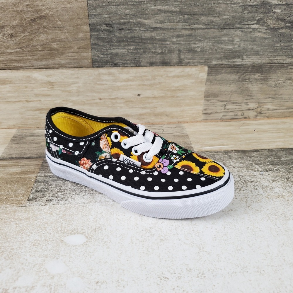 Vans Authentic Kids Shoes Sz 12 Black Yellow Sunflower Patchwork Print Sneakers